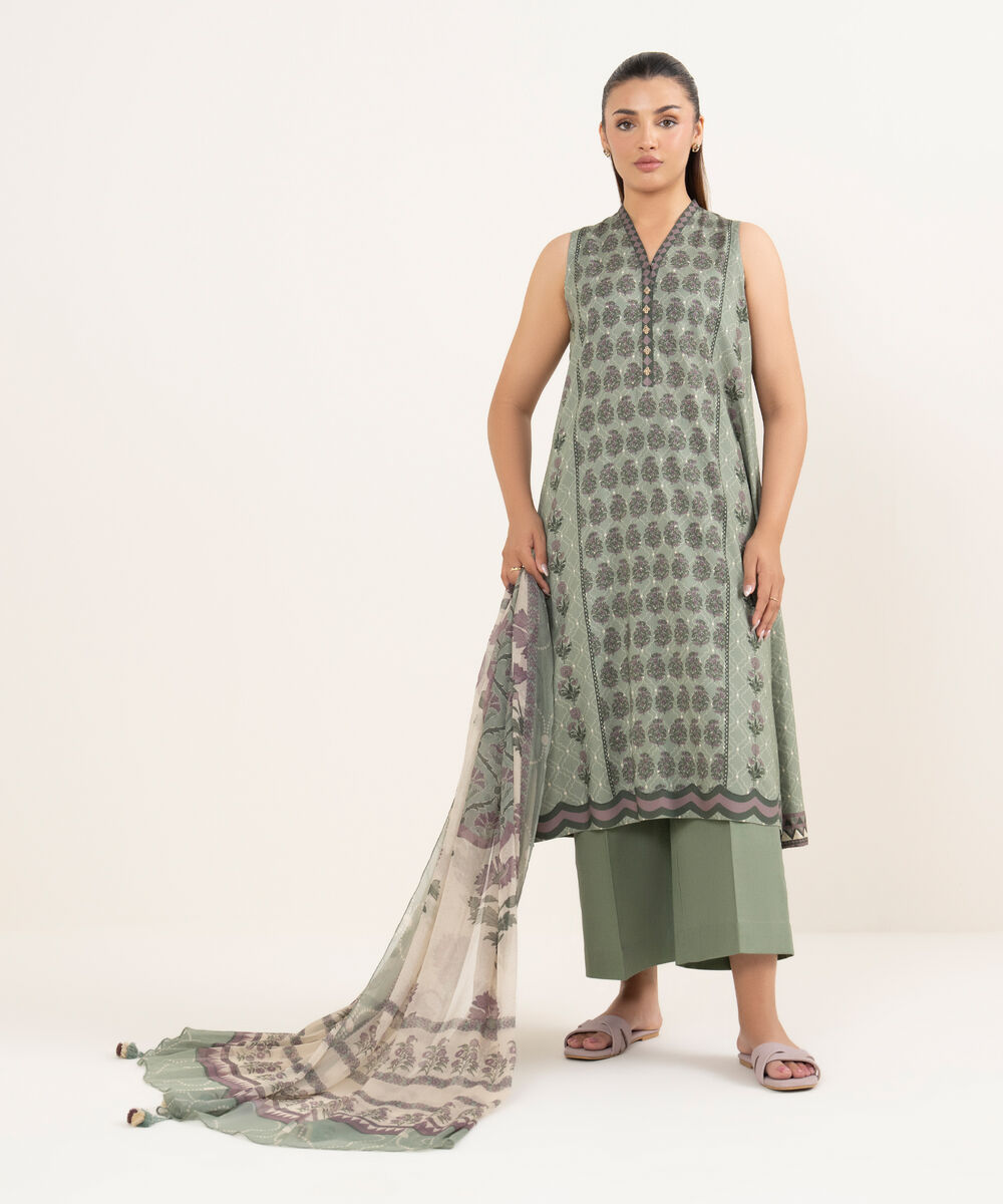 Women's Unstitched Cotton Printed Green Three Piece Suit