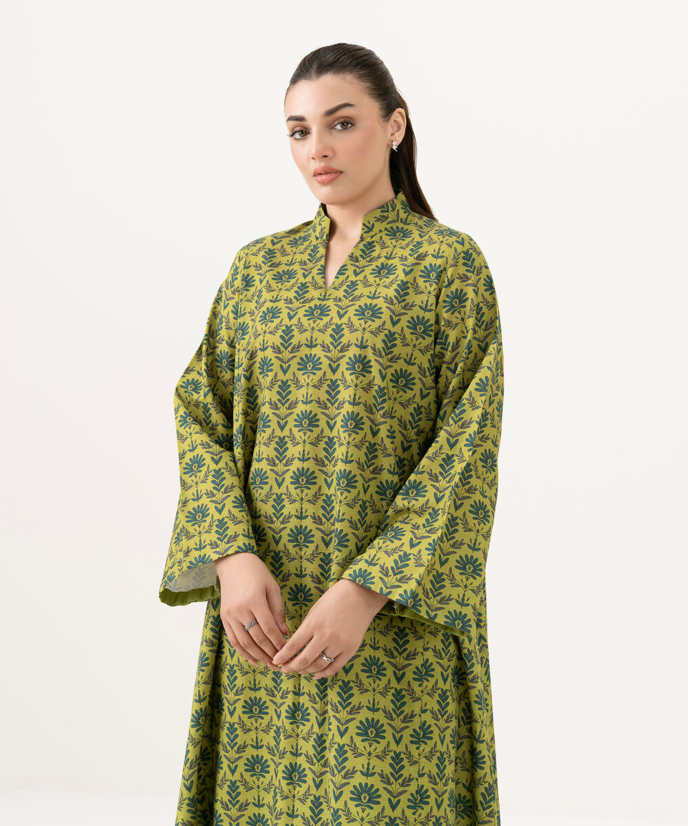 Women's Unstitched Khaddar Printed Green 2 Piece Suit