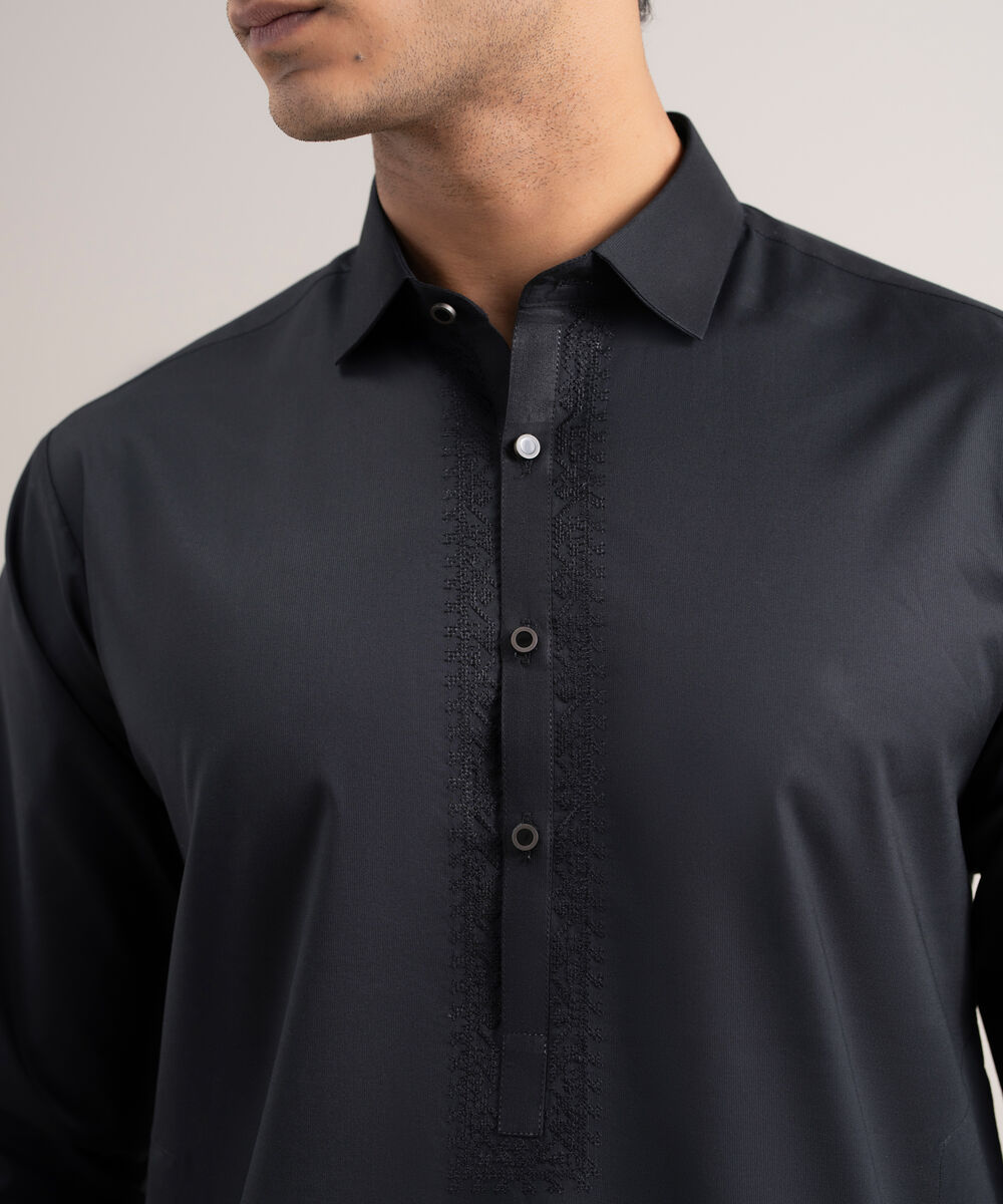 Men's Stitched Cotton Dobby Black Suit