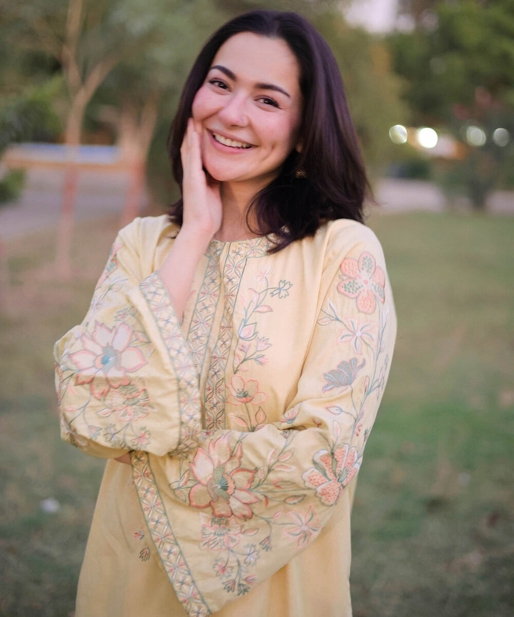 Women's RTW Self Jacquard Leno Embroidered Pale Yellow Straight Shirt