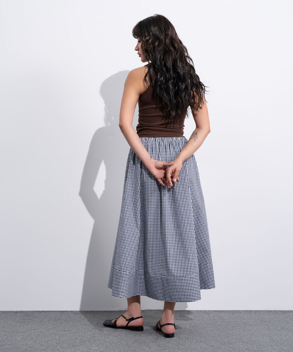 Women's Western White And Navy Flared Gingham Skirt