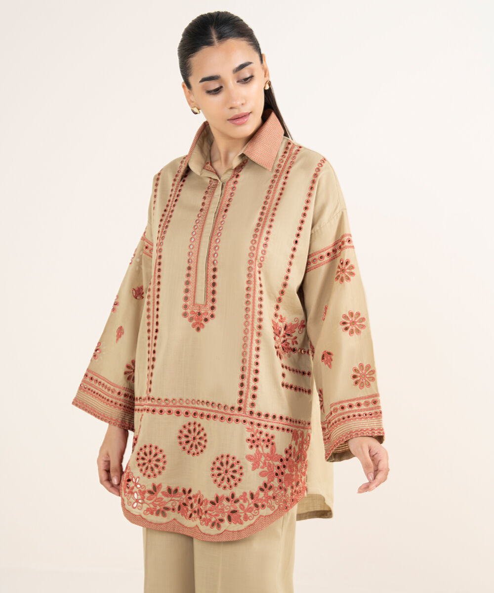 Women's RTW Cross Hatch Beige Embroidered Boxy Shirt
