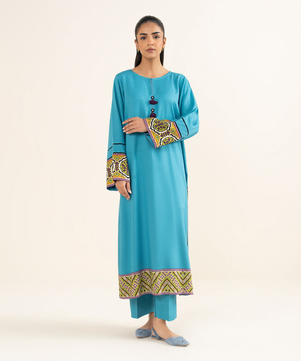 Women's RTW Herringbone Solid Blue A-Line Shirt