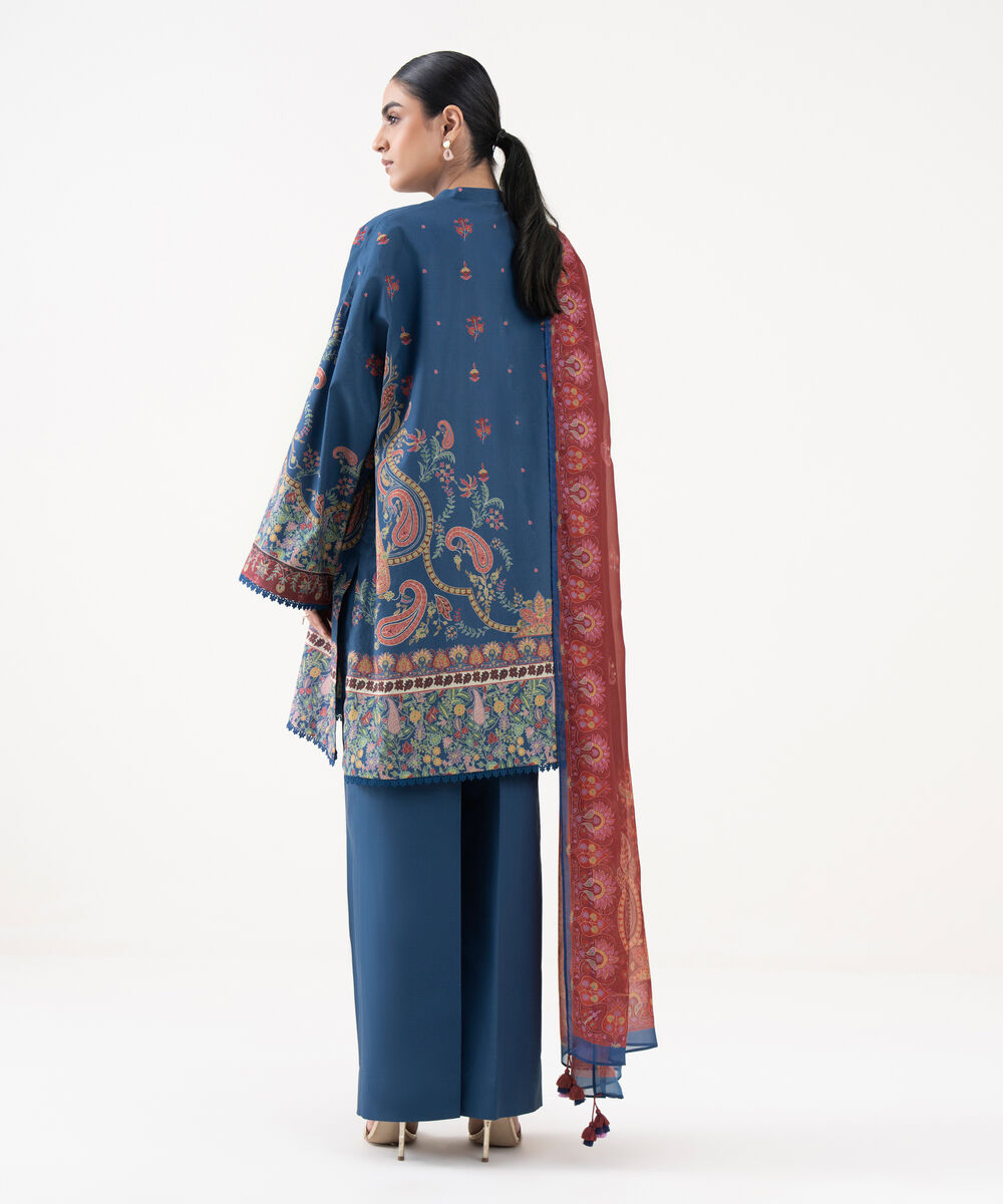 Women's Unstitched Cotton Printed Blue 3 Piece Suit