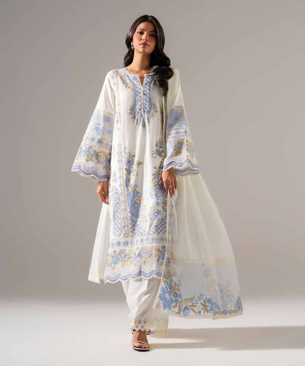 Women's RTW Dobby Solid Embroidered White 3 Piece Suit