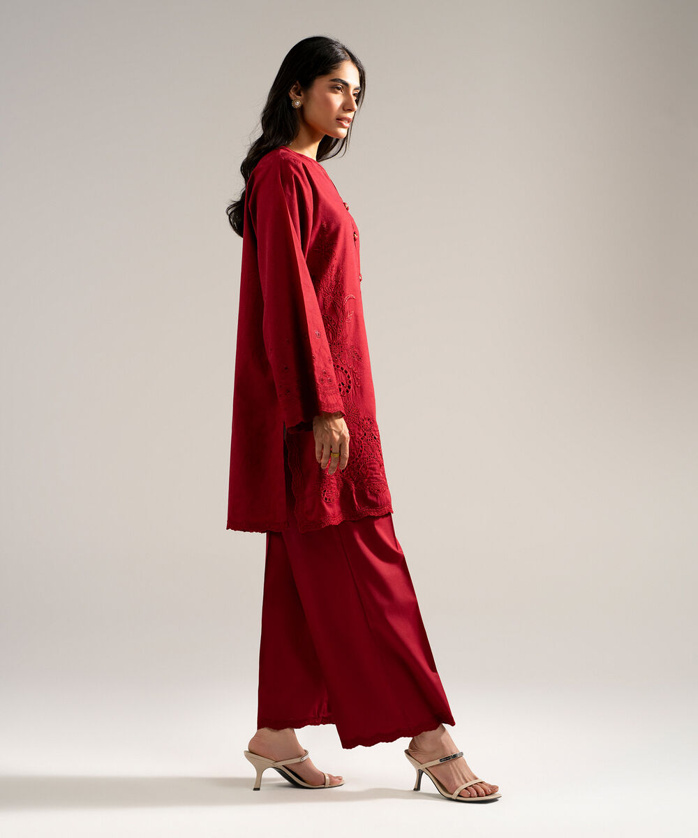 Women's RTW Self Jacquard Embroidered Red 2 Piece Suit