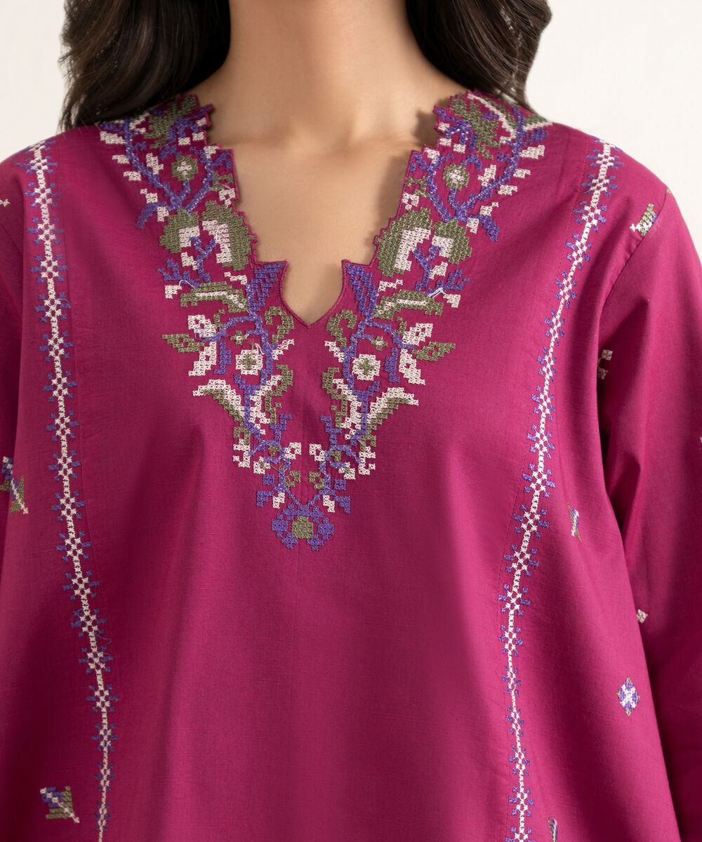 Women's Unstitched Textured Lawn Embroidered Pink 3 Piece Suit