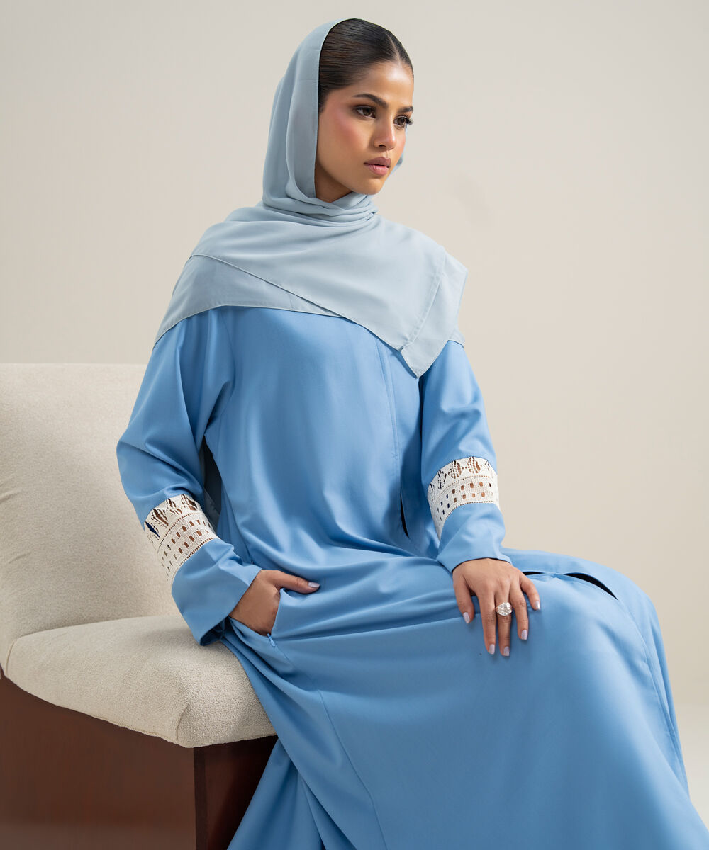 Women's Polyester Blue Lace Trim Abbaya