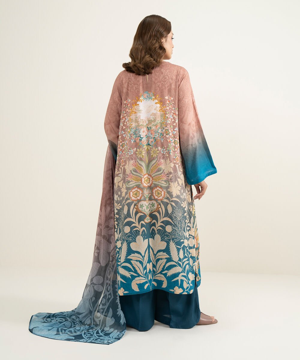 Women's RTW Viscose Raw Silk Printed Teal 3 Piece Suit