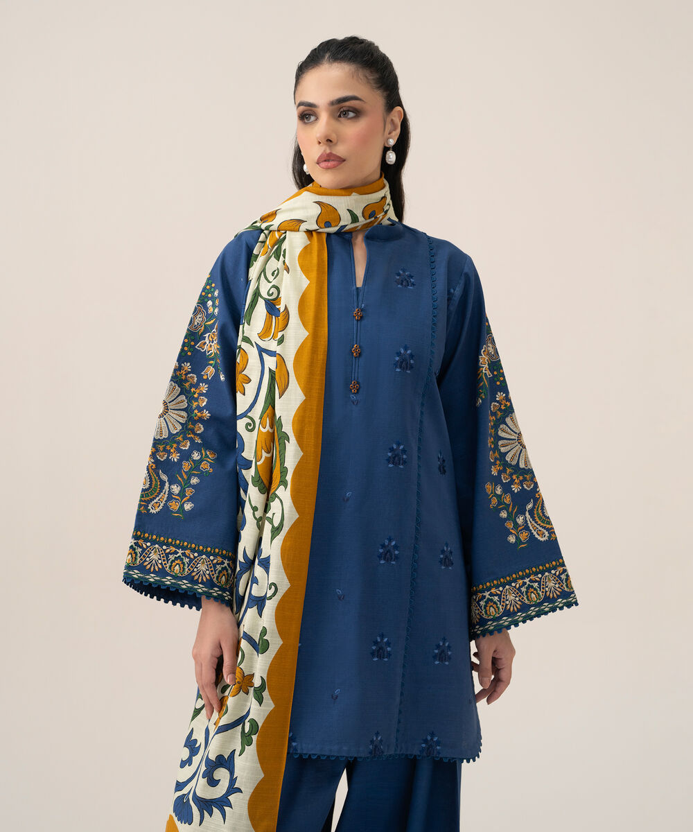 Women's Unstitched Basic Khaddar Embroidered Blue 3 Piece Suit