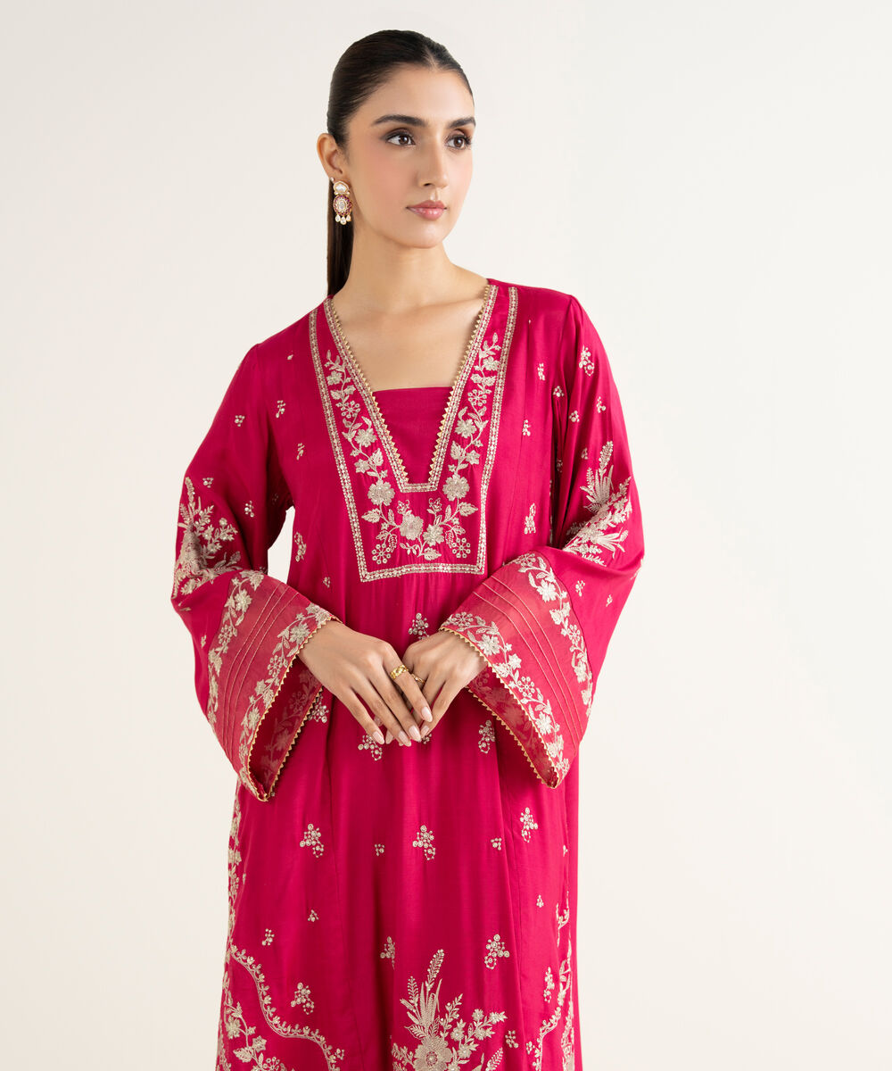 Women's RTW Viscose Raw Silk Embroidered Pink 2 Piece Suit