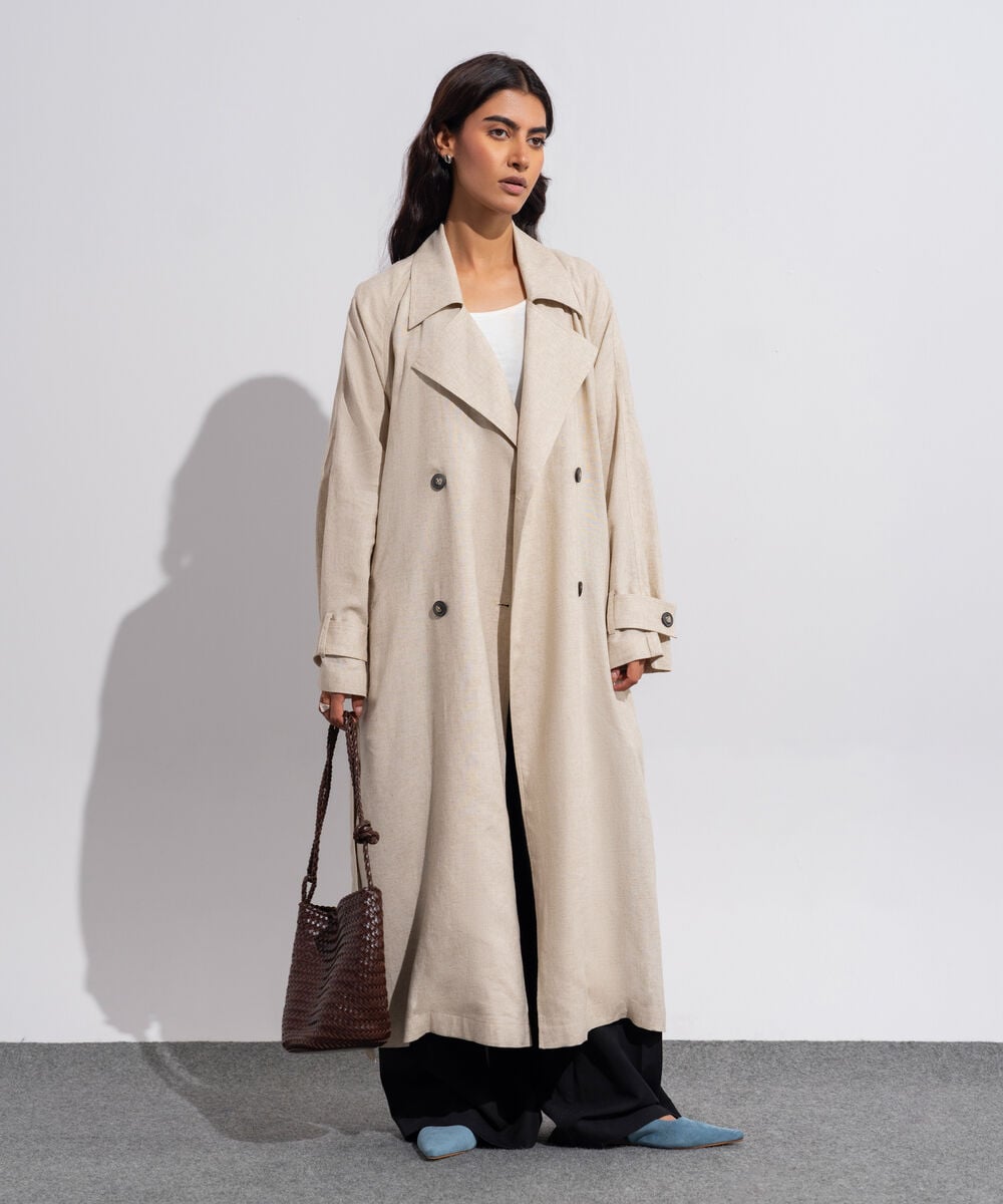 Women's Western Wear Linen Blended Beige Trench Coat