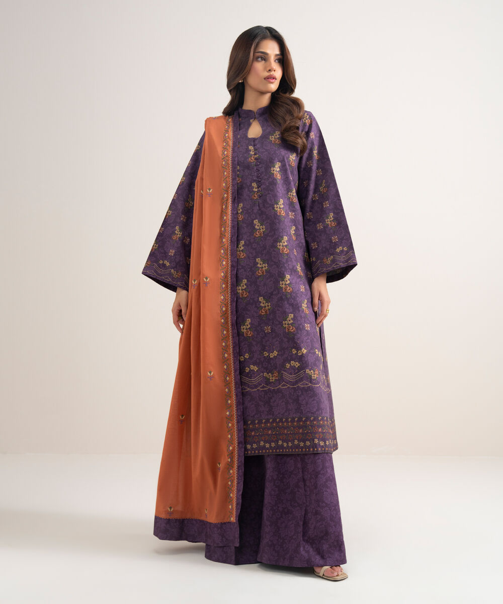 Women's Unstitched Cotton Embroidered Purple