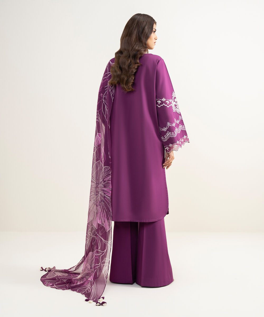 Women's Unstitched Textured Lawn Embroidered Purple 3 Piece Suit
