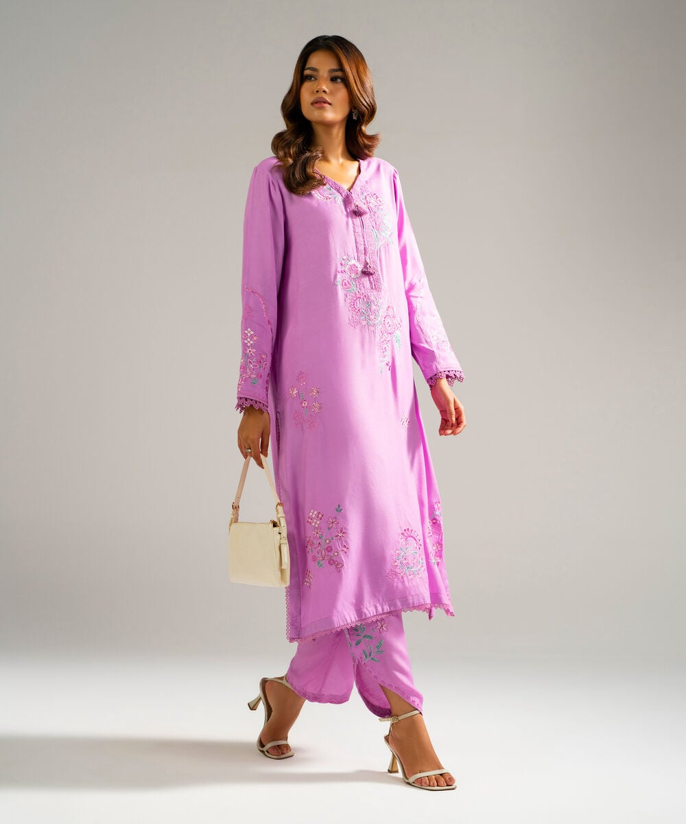 Women's RTW Raw Silk Embroidered Lilac 2 Piece Suit