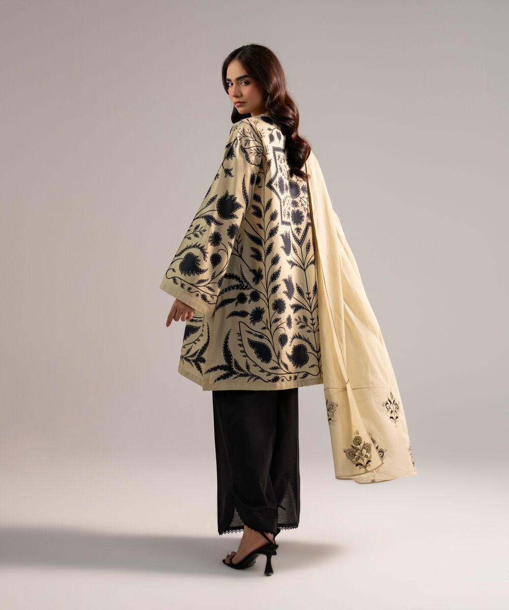 Women's RTW Lawn Printed Beige 3 Piece Suit
