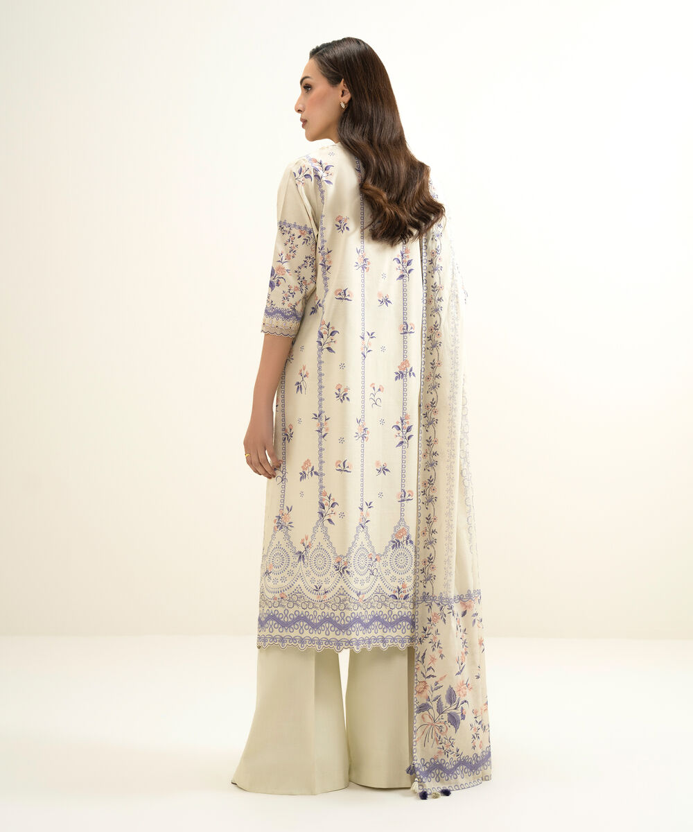 Women's Unstitched Lawn Embroidered Off White 3 Piece Suit