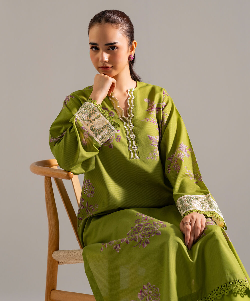 Women's RTW Zari Lawn Embroidered Green Straight Shirt
