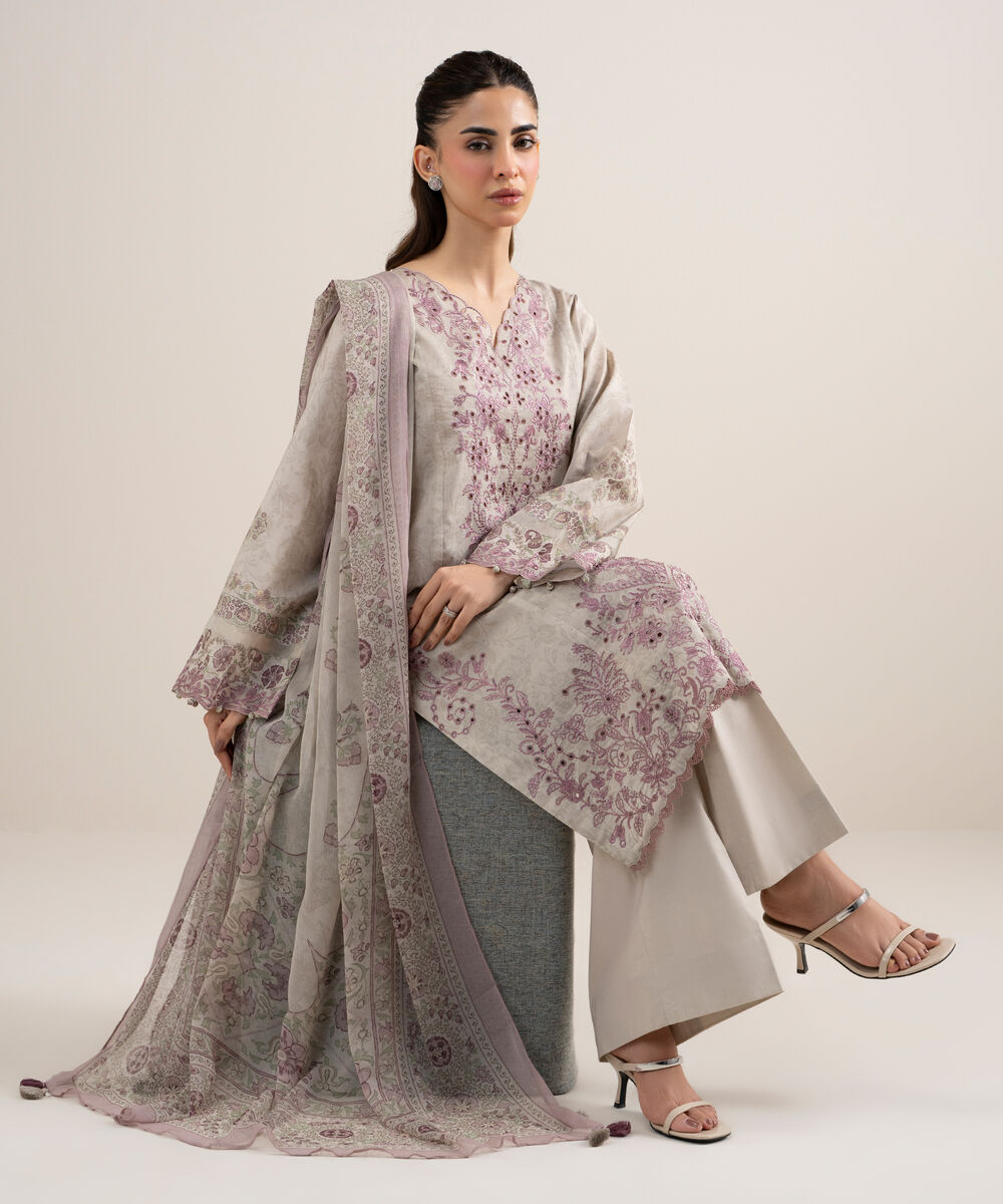 Women's Unstitched Lawn Embroidered Beige 3 Piece Suit