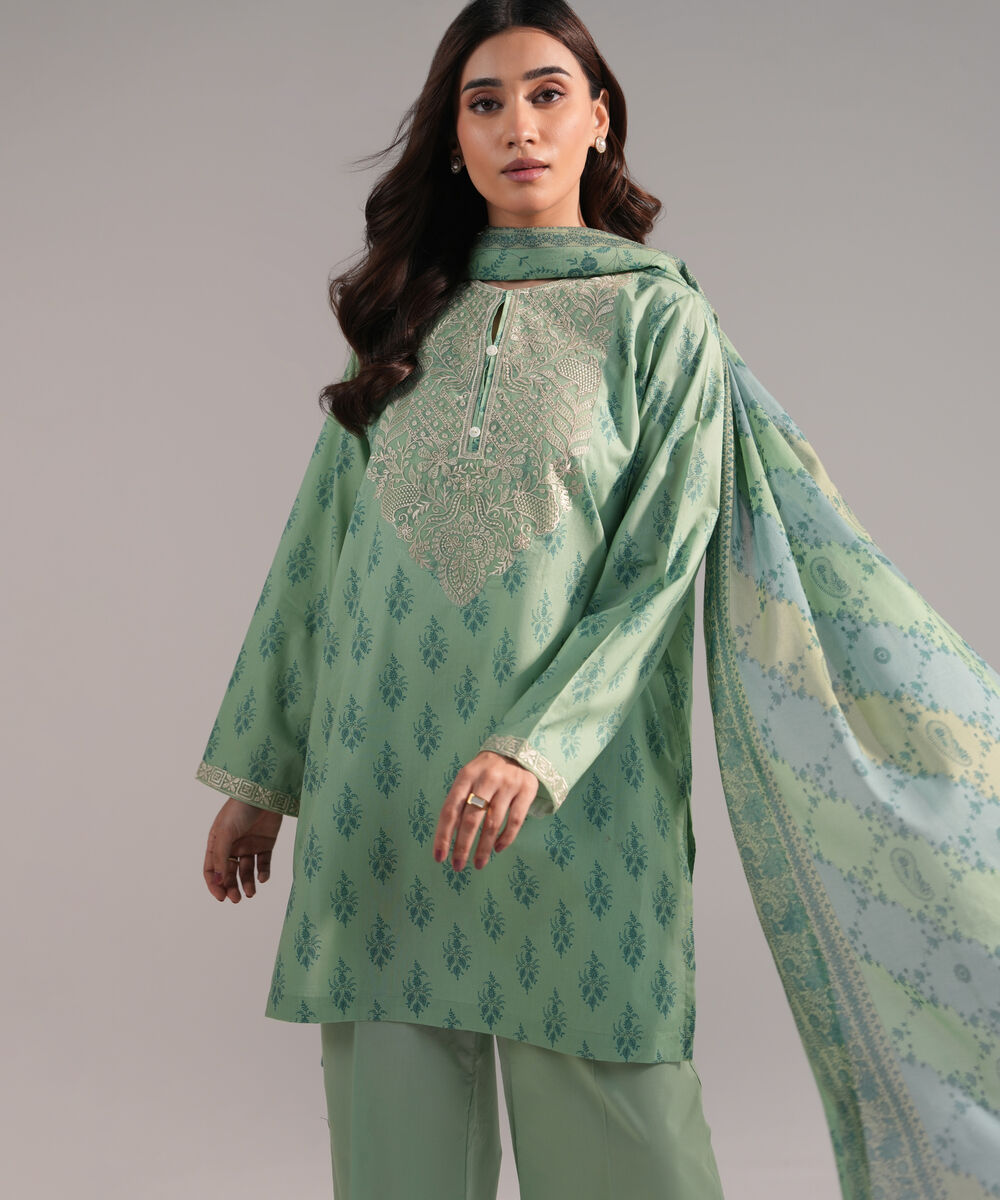 Women's RTW Cambric Embroidered Green 3 Piece Suit