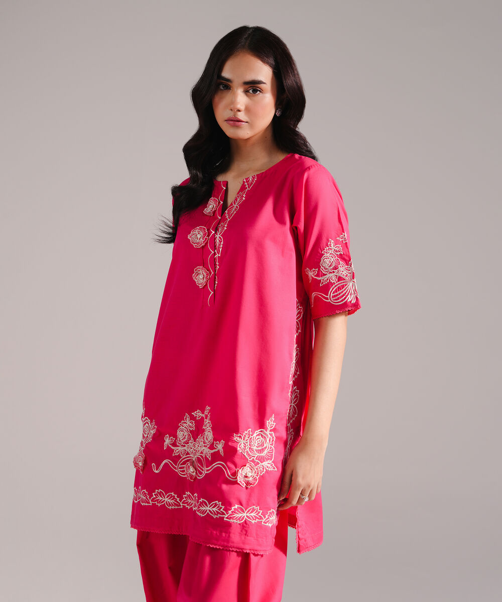 Women's RTW Slub Lawn Embroidered Pink Straight Shirt