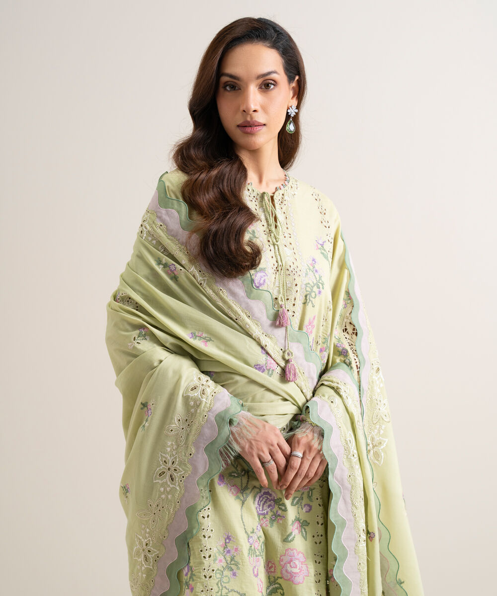 Women's Unstitched Lawn Embroidered Green 3 Piece Suit