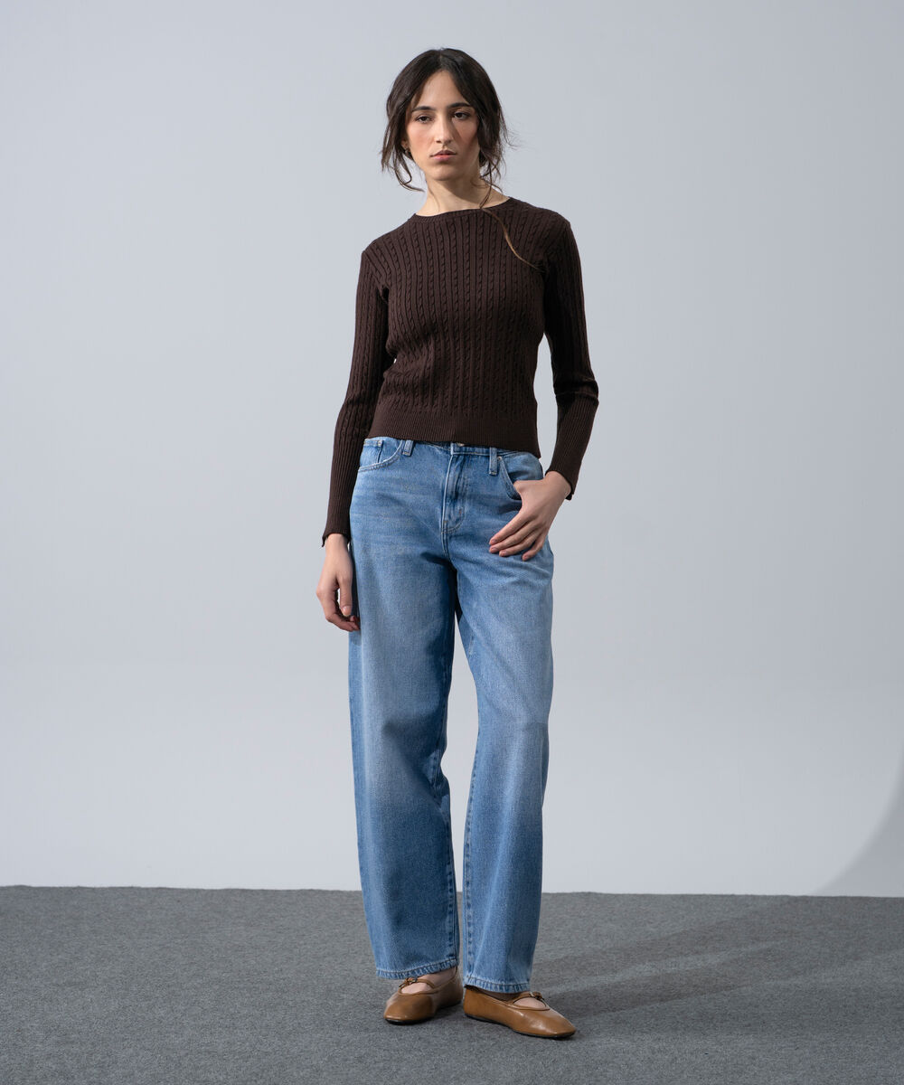 Women's Western Wear Brown Textured Cable-Knit Jumper