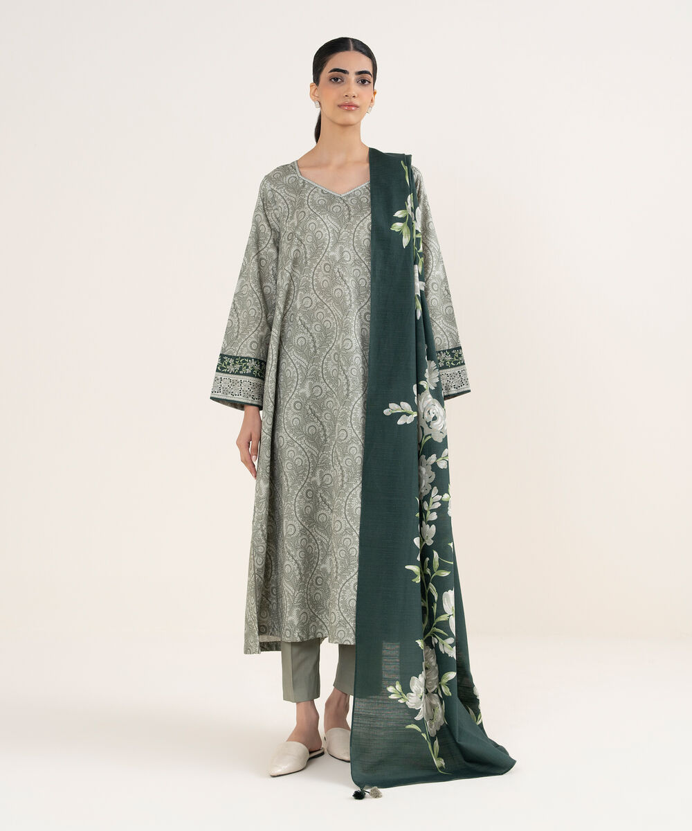 Women's Unstitched Printed Dobby Grey 3 Piece Suit