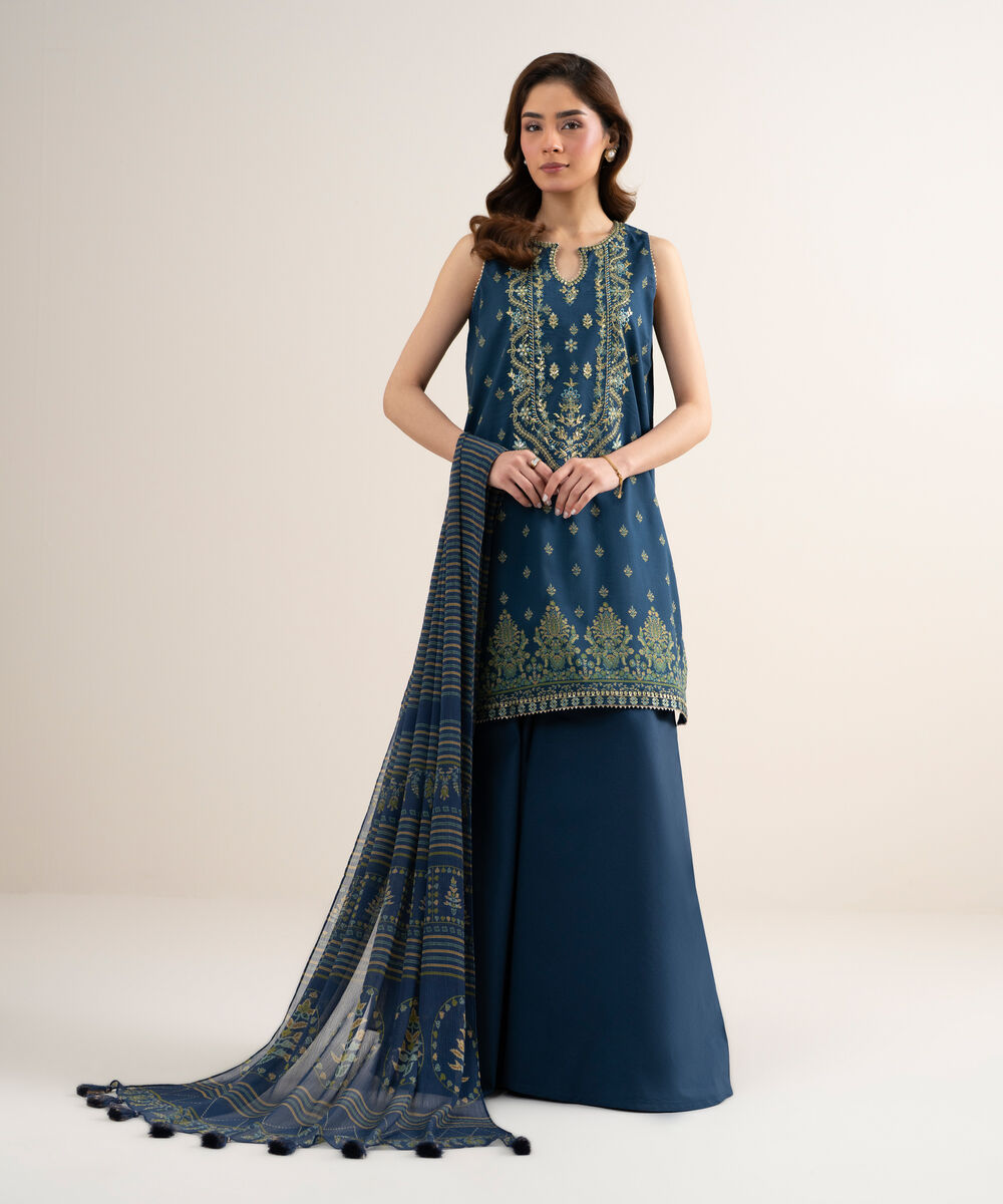 Women's Unstitched Lawn Embroidered Blue 3 Piece Suit
