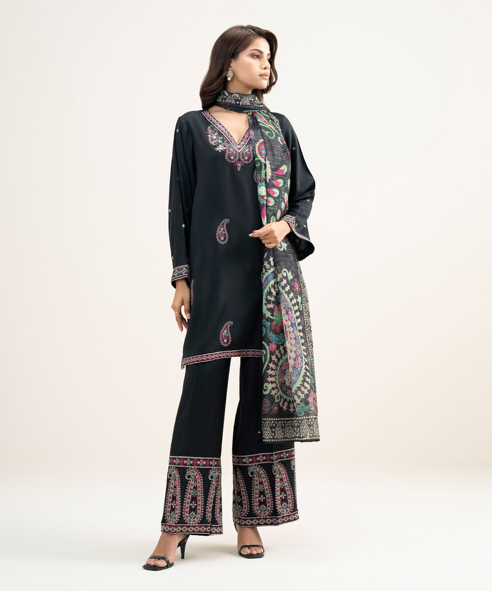 Women's RTW Viscose Raw Silk Embroidered Black 3 Piece Suit