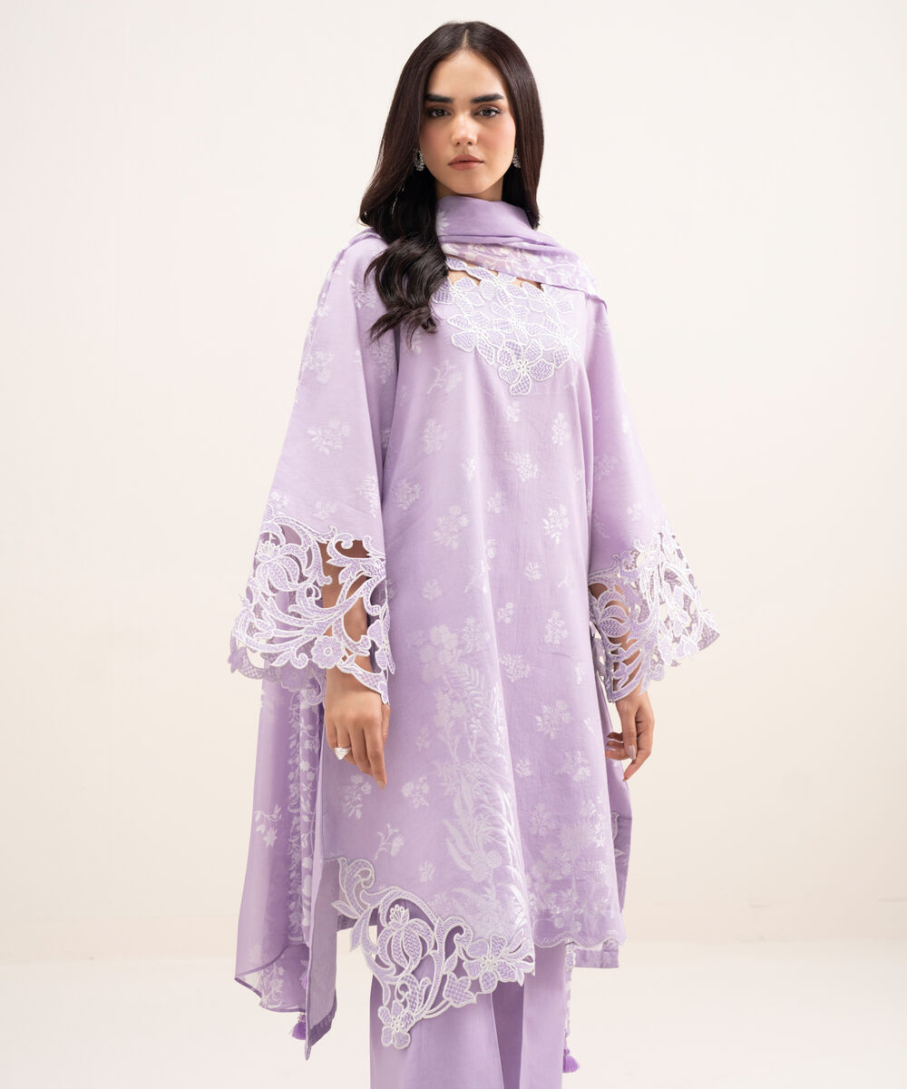 Women's Unstitched Extra Weft Jacquard Embroidered Purple 3 Piece Suit