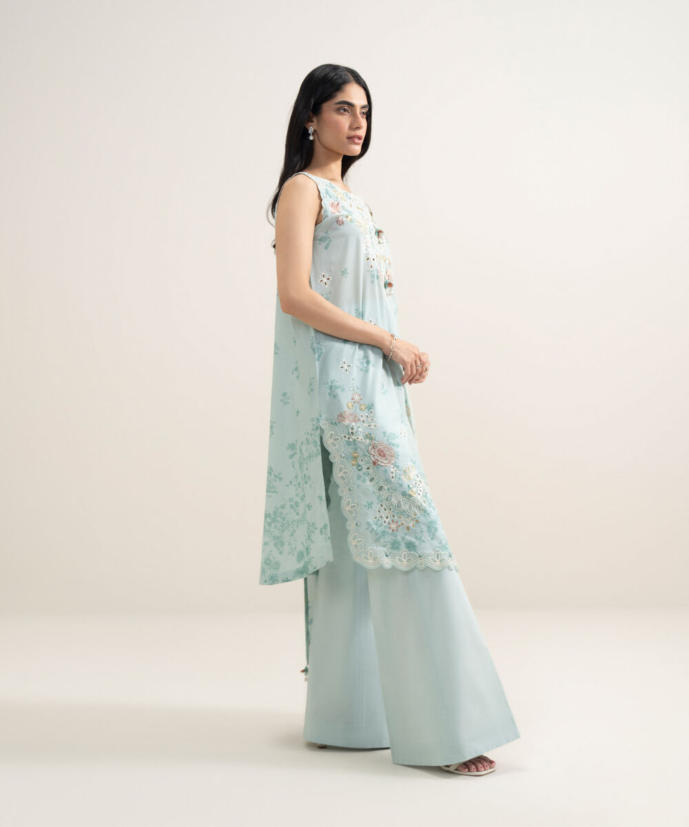 Women's Unstitched Lawn Embroidered Aqua 3 Piece Suit