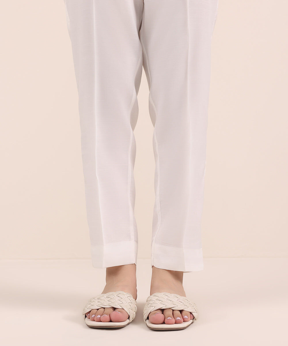 Woman - White Solid Cambric Straight Pants