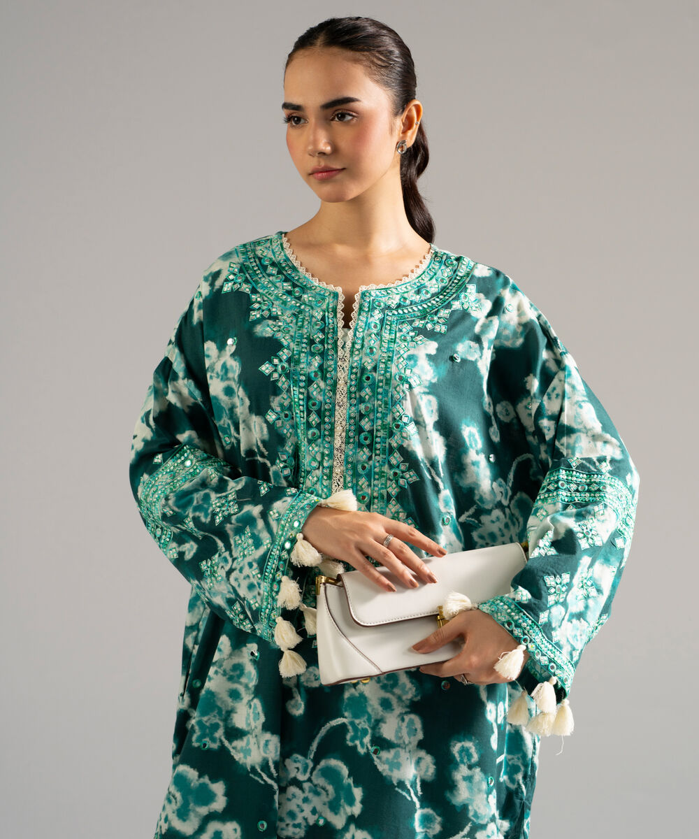 Women's RTW Dobby Embroidered Green Drop Shoulder Shirt