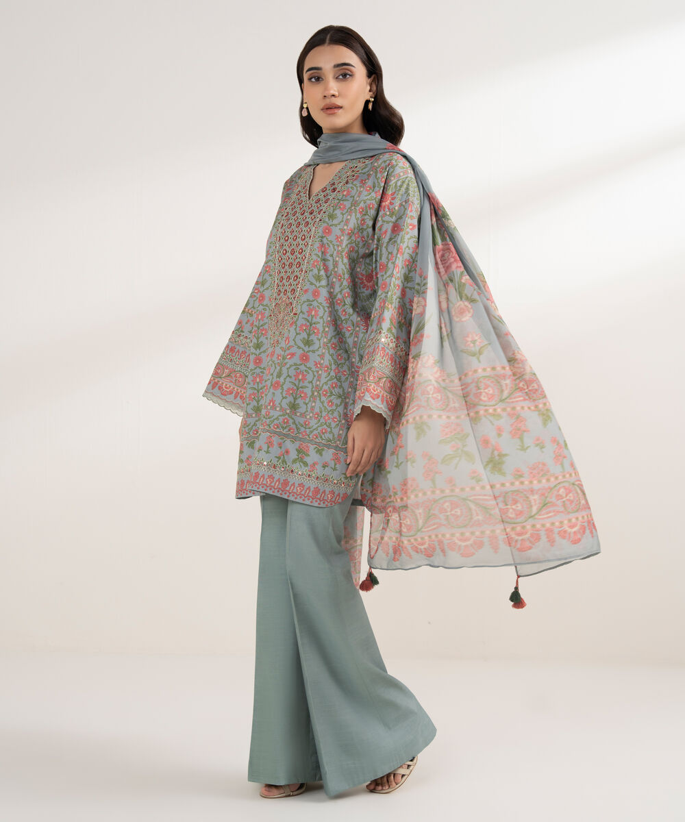 Women's Unstitched Blended Grip Silk Printed Blue 3 Piece Suit