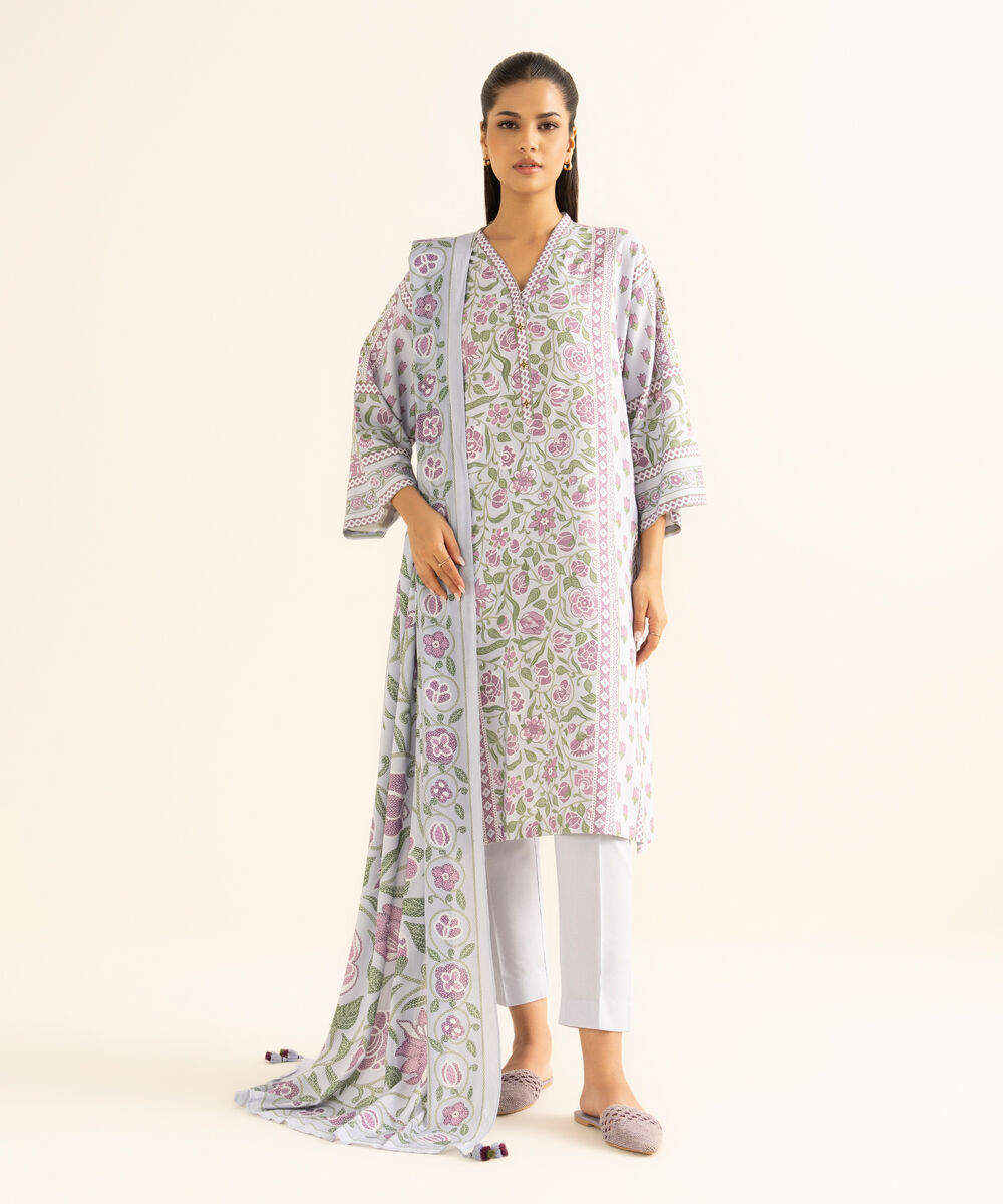 Women's Unstitched Linen Printed Blue 3 Piece Suit