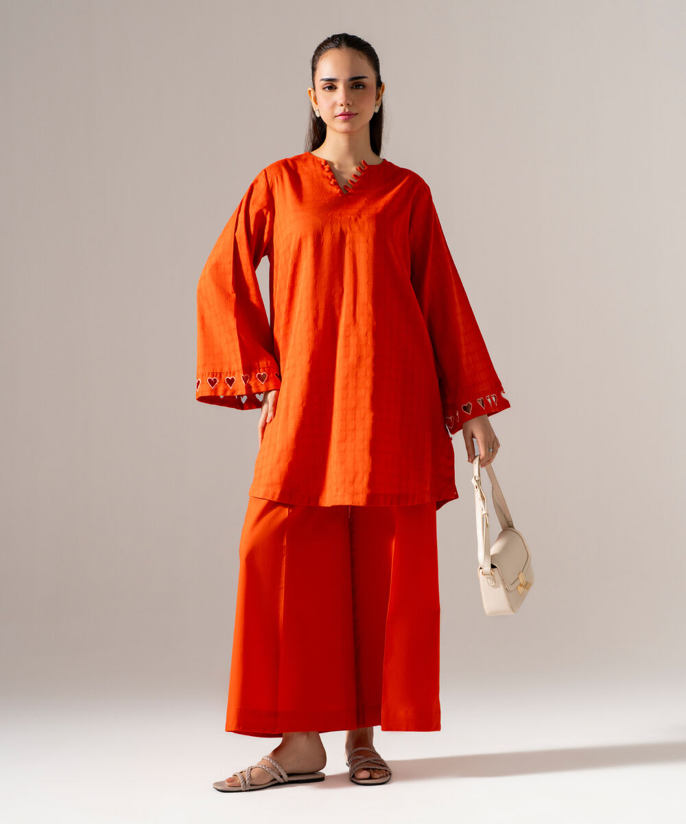 Women's RTW 3D dobby Solid Orange Straight Shirt