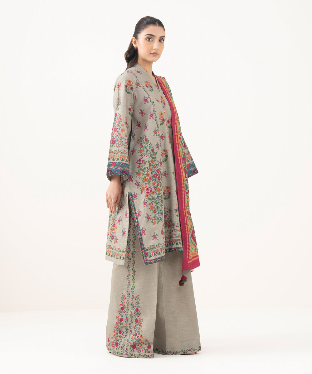 Women's Unstitched Khaddar Printed Beige   3 Piece Suit