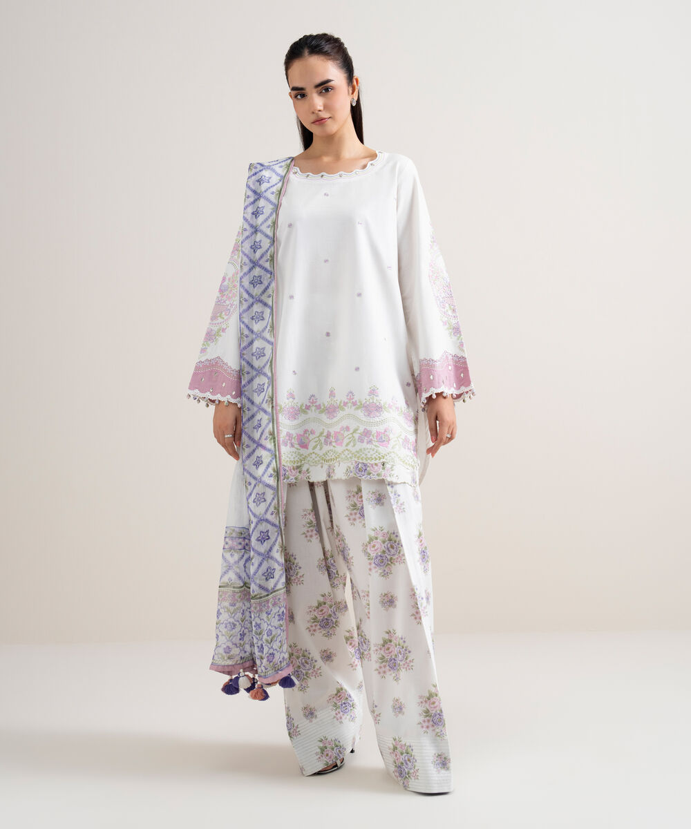 Women's Unstitched Fine Cotton Satin Embroidered Off White