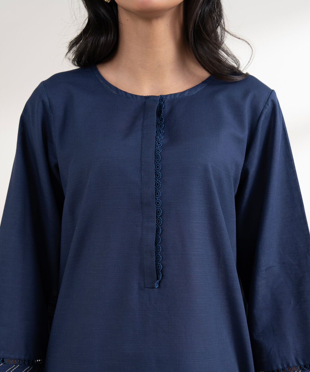 Women's RTW Khaddar Embroidered A-Line Blue Shirt