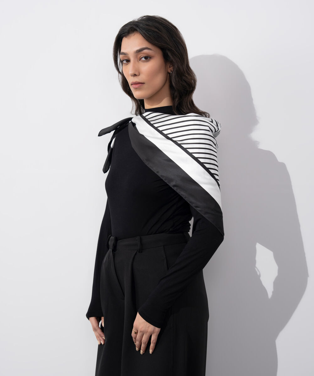 Women's Western Wear Black & White Sqaure Silky Printed Scarf