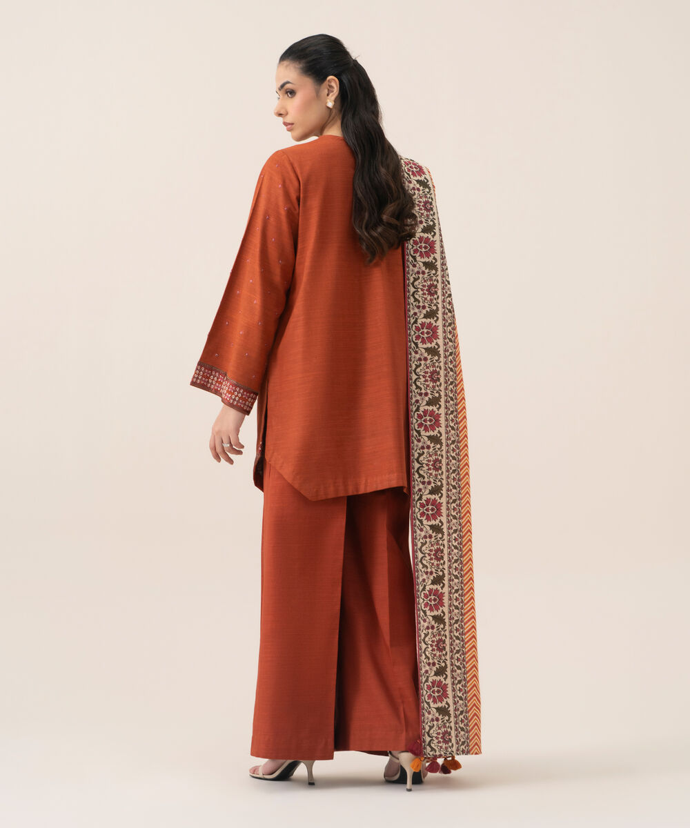 Women's Unstitched Cotton Embroidered Burnt Orange 3 Piece Suit