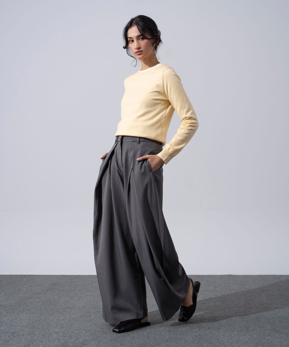 Women's Western Wear Grey Polyester Pleated Wide Leg Trousers