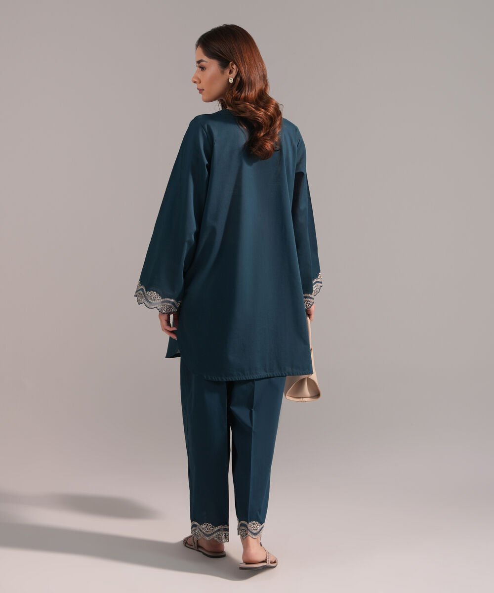 Women's RTW Crosshatch Embroidered Teal Straight Shirt