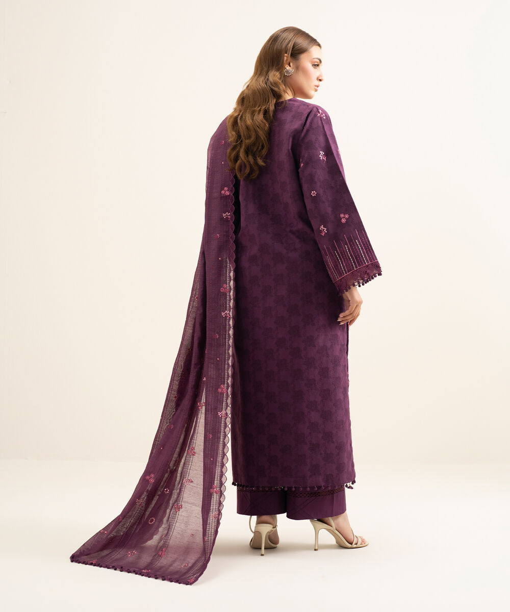 Women's Unstitched Cotton Jacquard Embroidered Purple 3 Piece Suit