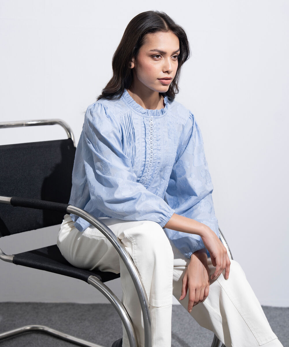 Women's Western Light Blue Textured Blouse With Puffed Sleeves