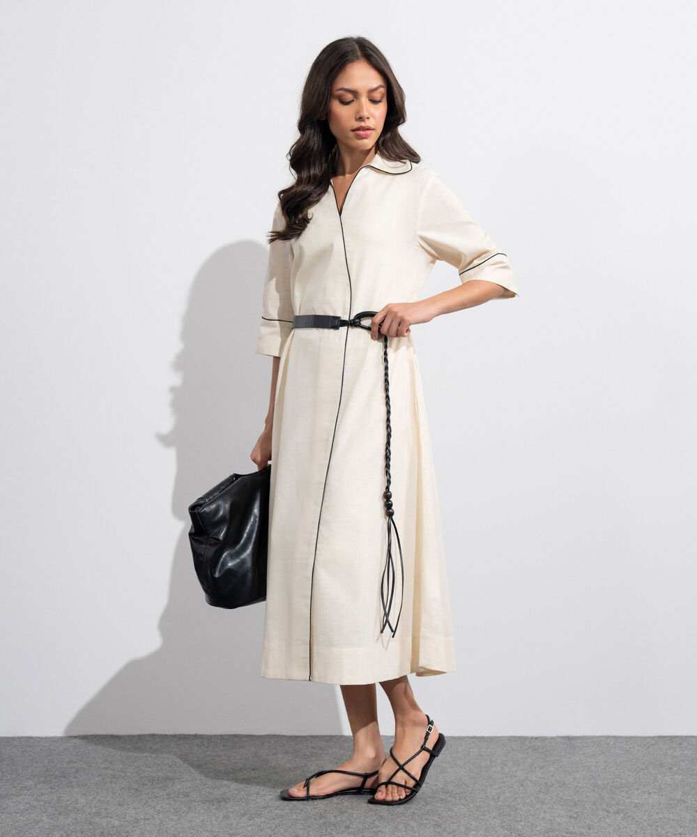 Women's Western Beige Maxi Dress With Belt