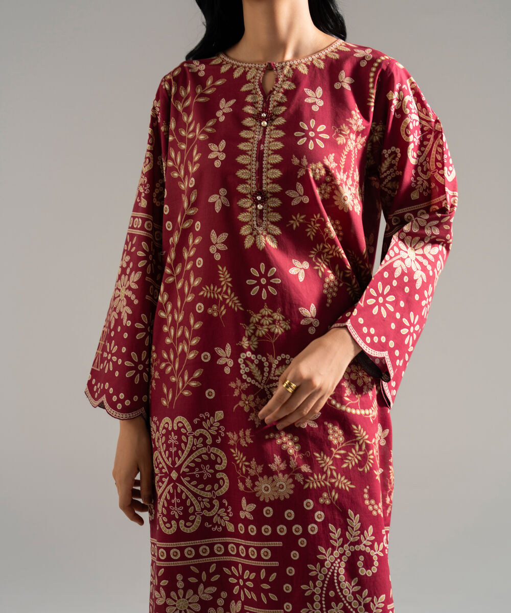 Women's RTW Slub Lawn Printed Red 3 Piece Suit