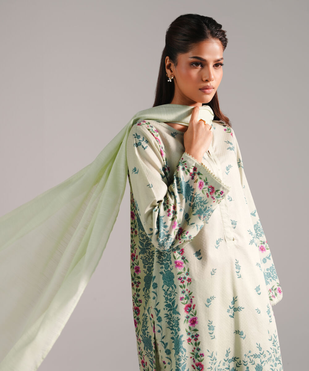 Women's RTW Dobby Printed Green 3 Piece Suit