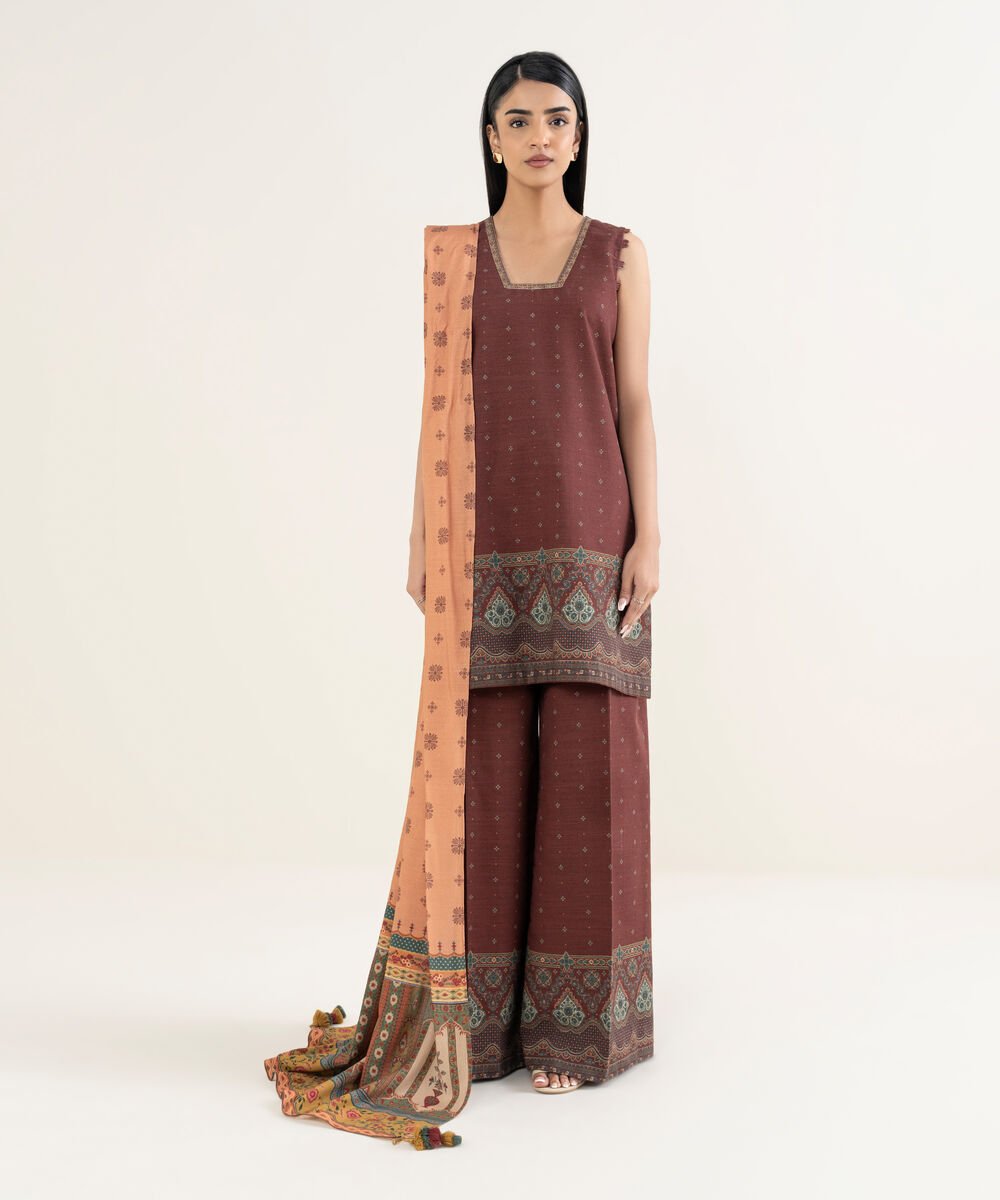 Women's Unstitched Printed Khaddar Maroon 3 Piece Suit